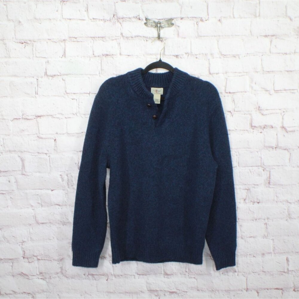 LL Bean Classic Ragg Wool Sweater Henley Nautical Navy Size Medium - Picture 9 of 10